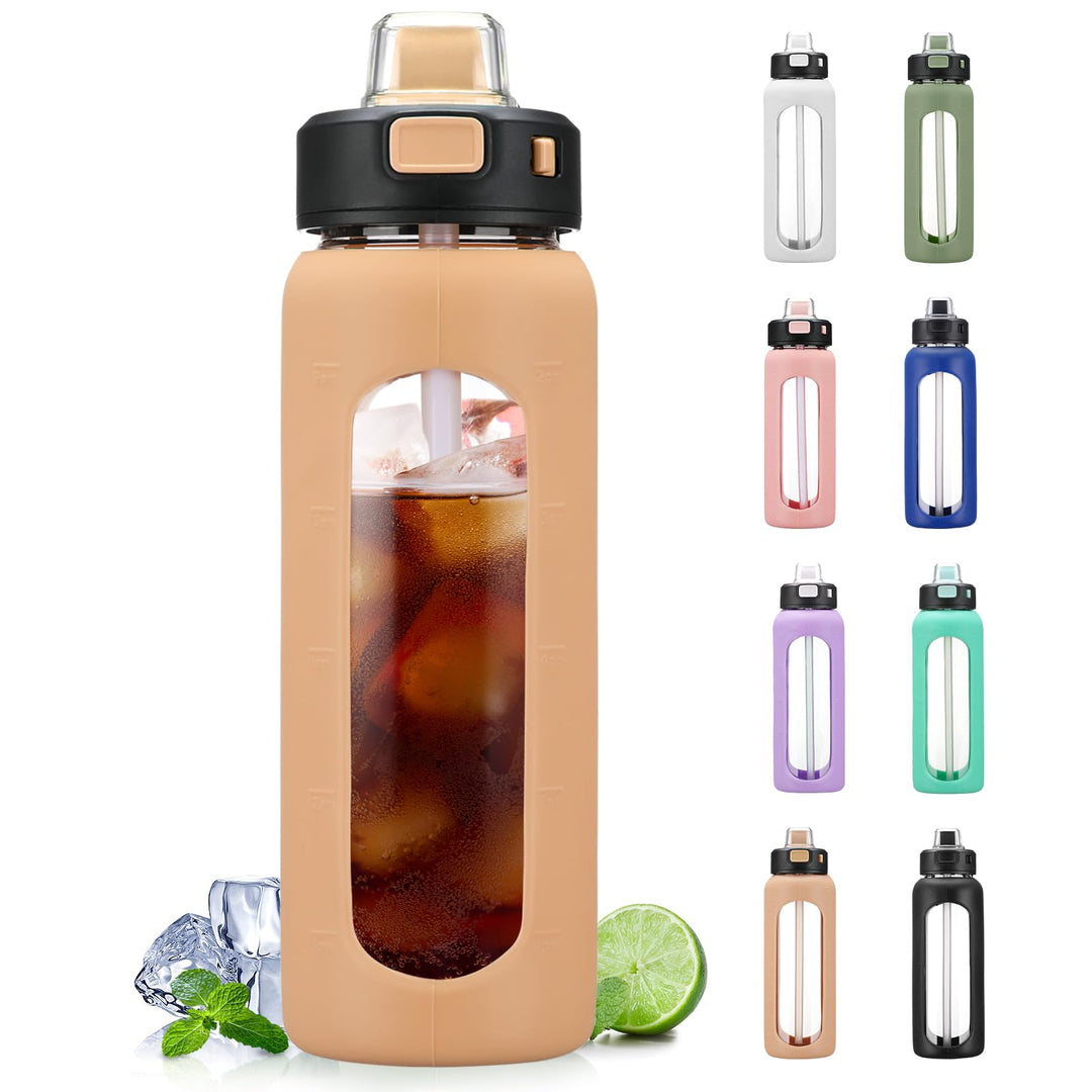 BLUEGO 700ml Trinkflasche Glas mit Strohhalm und Griff Auslaufsichere Wasserflasche mit Silikonhülle