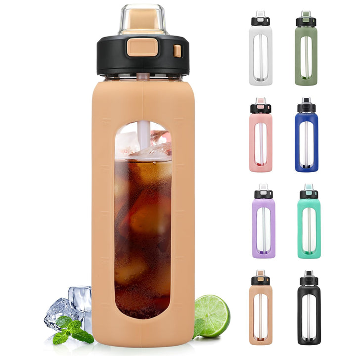 BLUEGO 700ml Trinkflasche Glas mit Strohhalm und Griff Auslaufsichere Wasserflasche mit Silikonhülle
