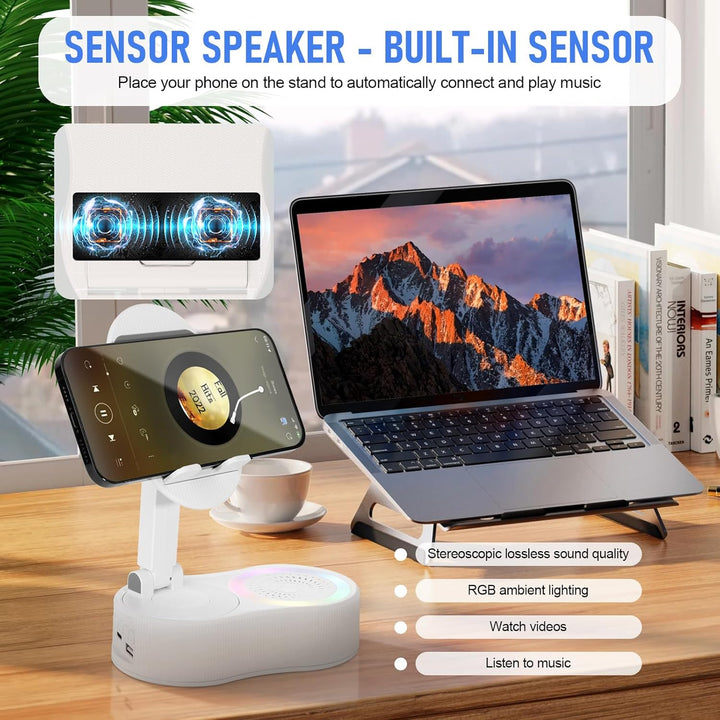 Handy-Ständer mit kabellosem Bluetooth-Lautsprecher – Induktionslautsprecher mit verstellbarer Handy