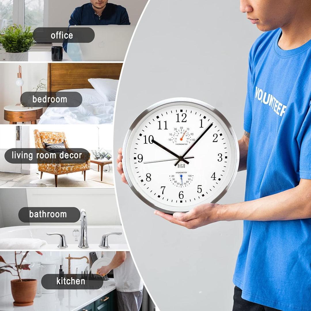 HITO 30,5 cm lautlose Wanduhr, batteriebetrieben, kein Ticken, Sweep-Uhrwerk, Glasabdeckung, silberf