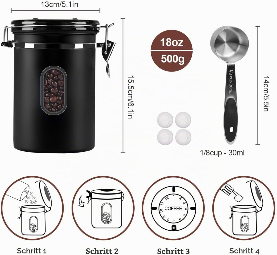 ROCKY&amp;CHAO Kaffeedose Luftdicht aus Edelstahl 1,5L Kaffeebhnen Behälter 500g Vorratsdose für Tee Nüs