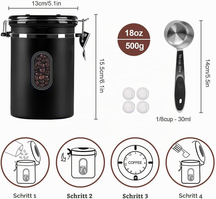 ROCKY&amp;CHAO Kaffeedose Luftdicht aus Edelstahl 1,5L Kaffeebhnen Behälter 500g Vorratsdose für Tee Nüs