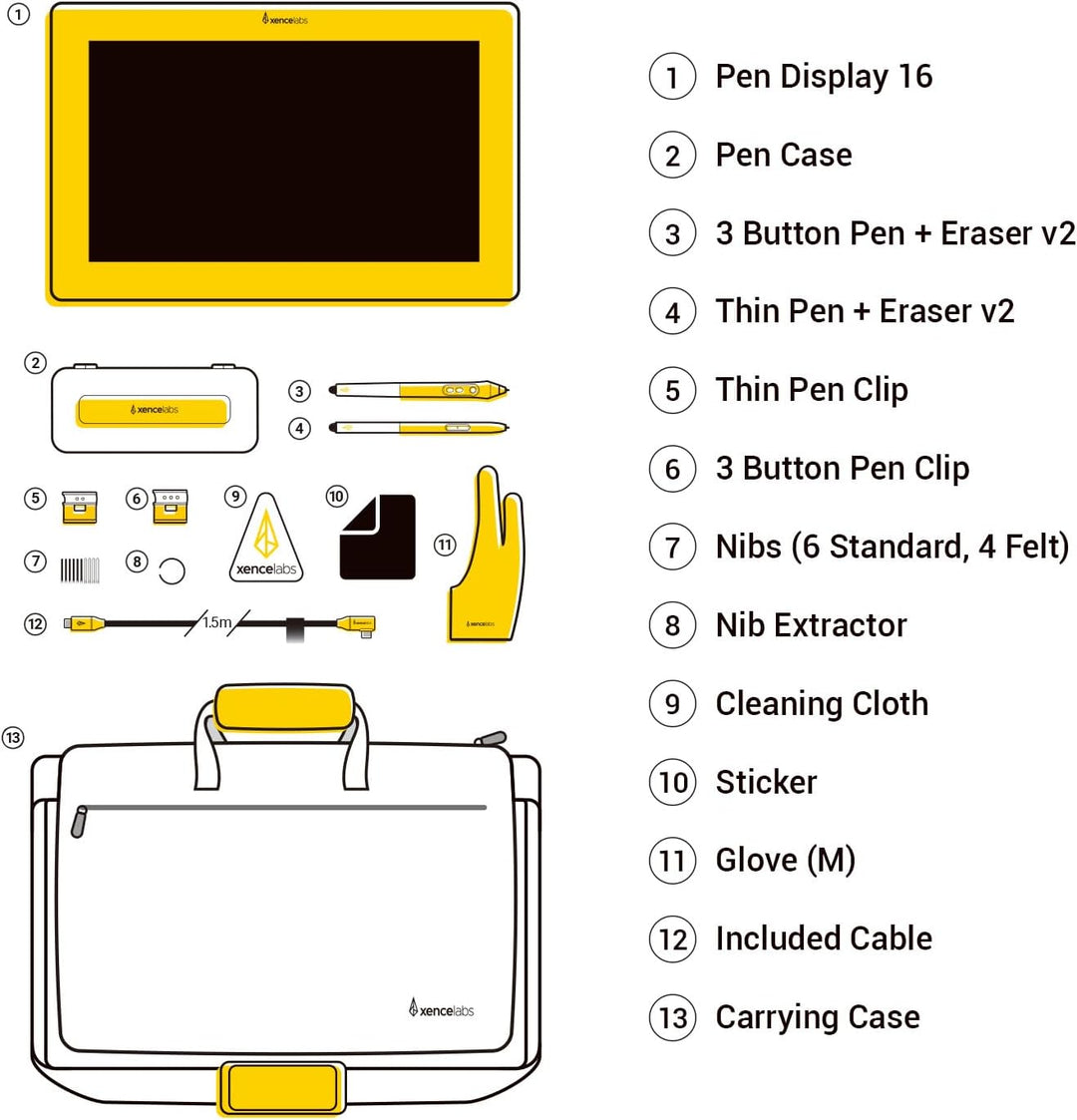 Xencelabs Pen Display 16 Essentials 16" 4K OLED Professionelle Grafiktablett mit Display mit 2 Batte