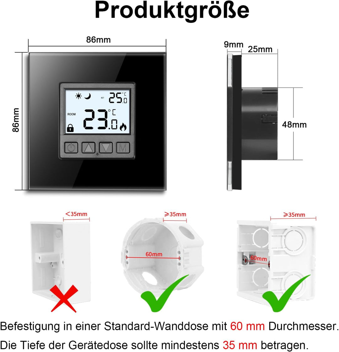 CNBINGO Digitales Thermostat Unterputz mit Kristallglas-Rahmen für Antriebssteuerung elektrische ode