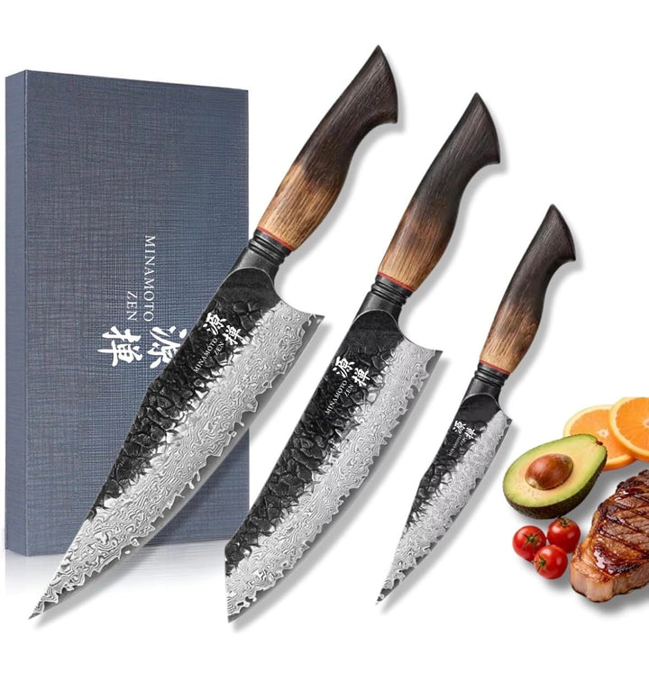 Okami Damastmesser Set (3-teilig) – Echter 67-Lagen-Damaststahl aus VG10 – Japanische Premium-Schmie