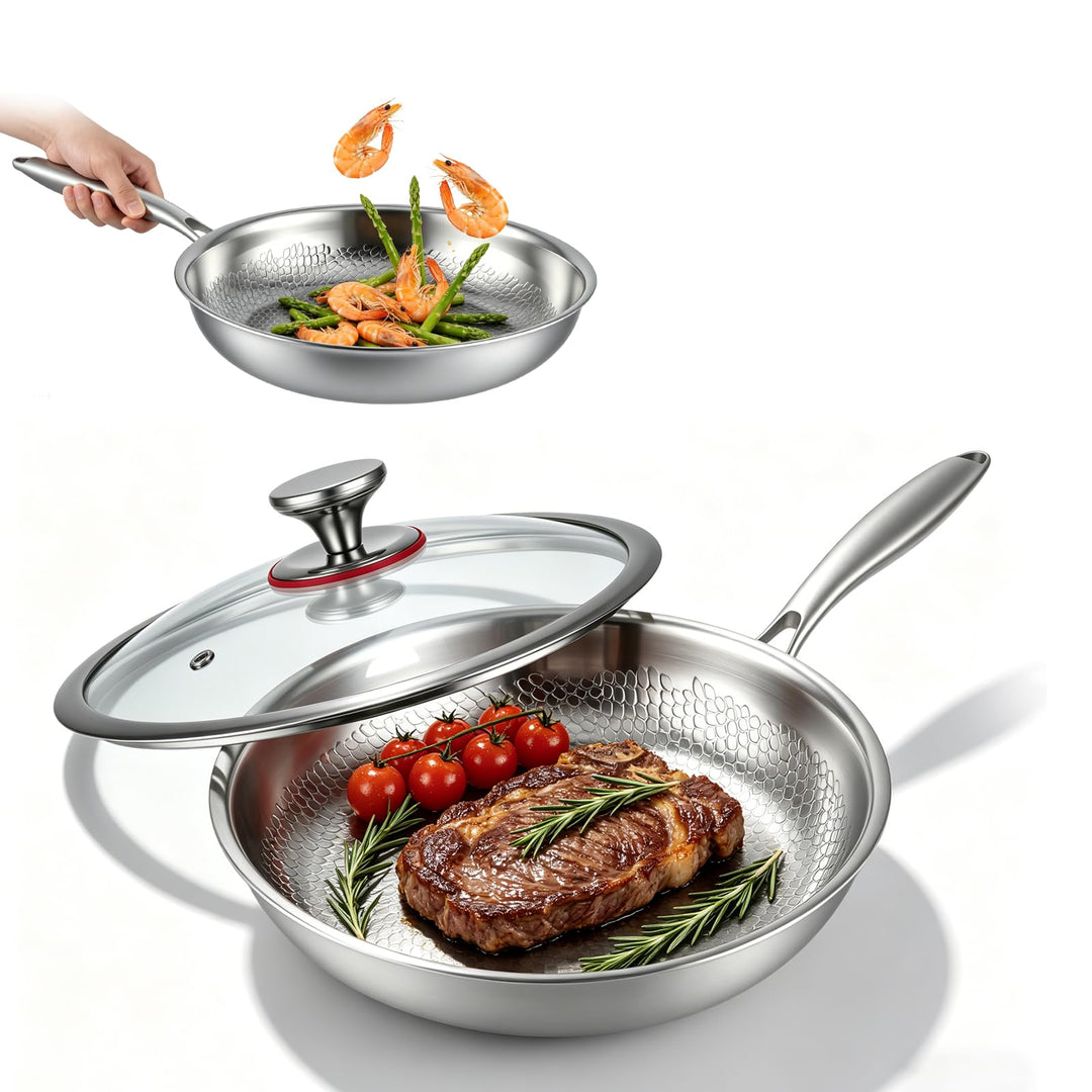 Titan Bratpfanne mit Deckel,Pfannen aus Titan mit gehämmertem Muster zum Kochen, kratzfeste, antihaf