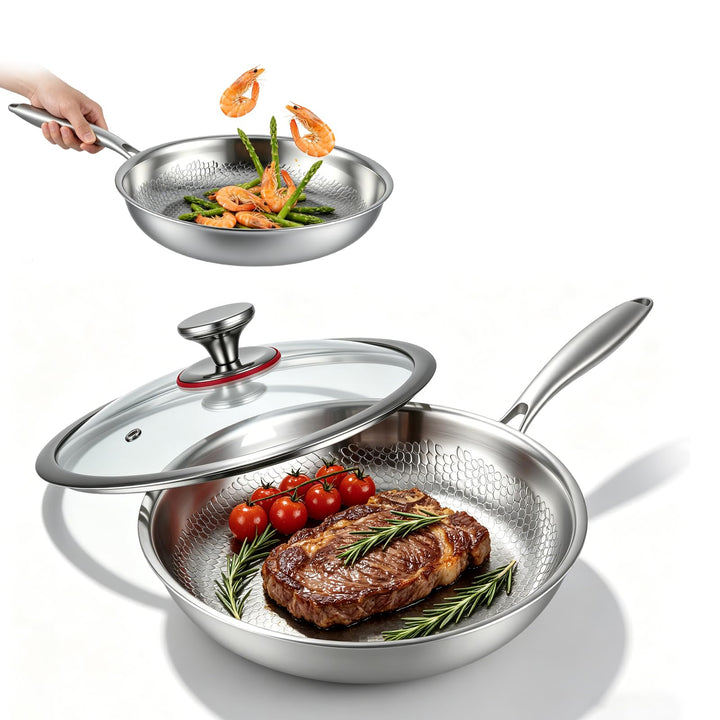Titan Bratpfanne mit Deckel,Pfannen aus Titan mit gehämmertem Muster zum Kochen, kratzfeste, antihaf
