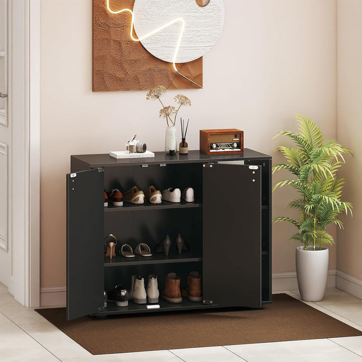 COSTWAY Schuhschrank, Schuhregal mit 2 Türen, verstellbaren offenen Regalen, Schuhkommode, Schuhaufb