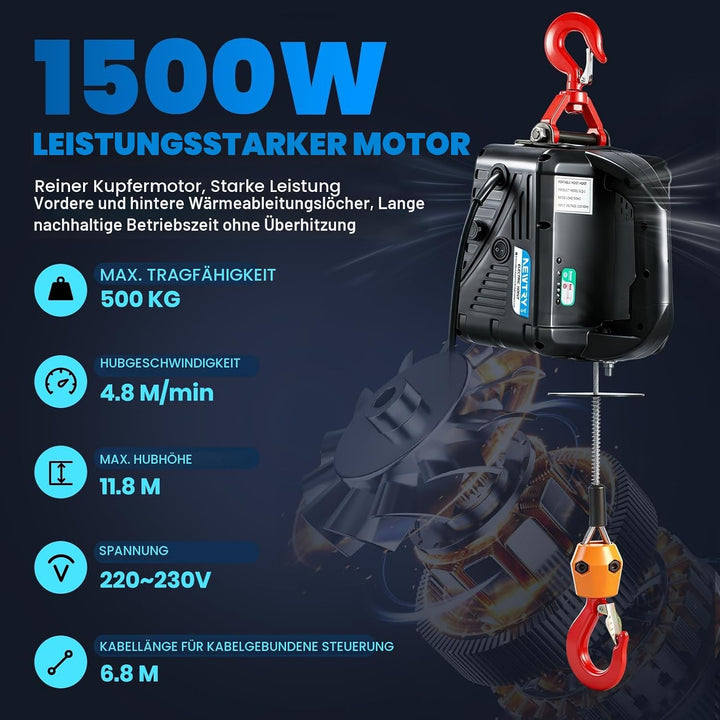 NEWTRY 3-in-1 Elektrische Seilwinde 300kg 11,8m Aufzug 1500W 230V, Drahtlose 60m Fernbedienung Flasc