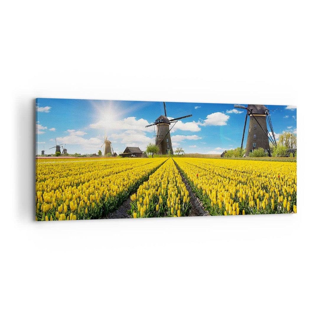 ARTTOR Wandbilder Dekoration Wohnzimmer Tulpen Windmühle Wiese Landschaft Bilder auf Leinwand 120x50