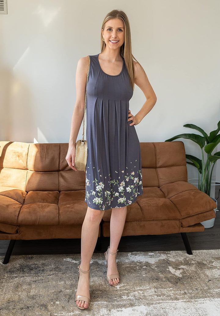 KILIG Sommerkleid Damen Strandkleid Midi Ärmellose Kleid Sommer Leicht Blumenkleid Freizeitkleid A1-