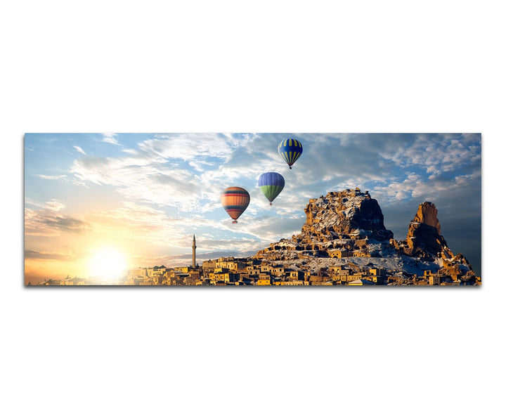 Paul Sinus Art Panoramabild auf Leinwand und Keilrahmen 120x40cm Italien Stadt Berg Heissluftballons