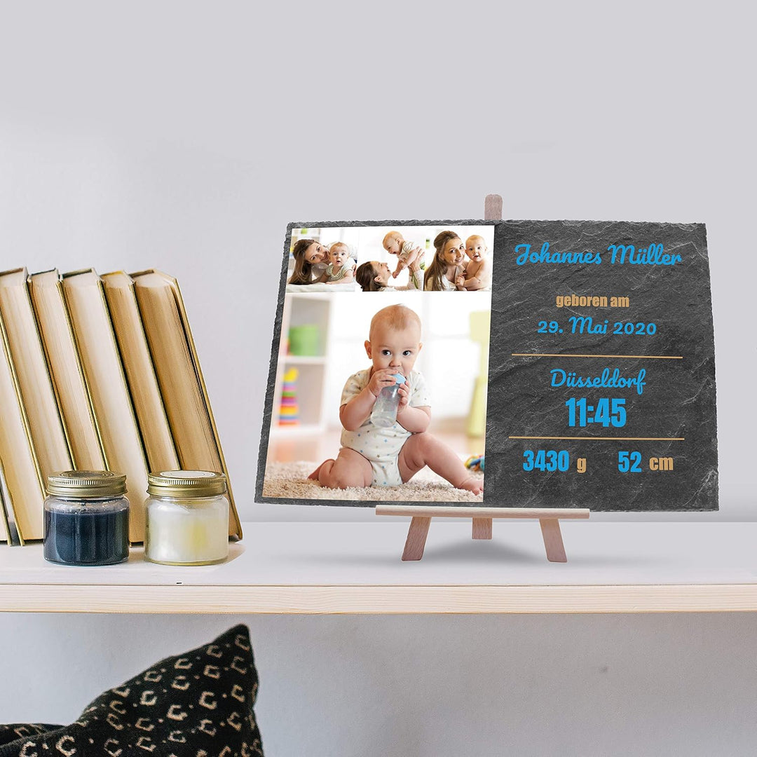 wandmotiv24 Schieferplatte mit eigenen Fotos zur Geburt, 30 x 20 cm, inklusive Staffelei, 4 Fotos +
