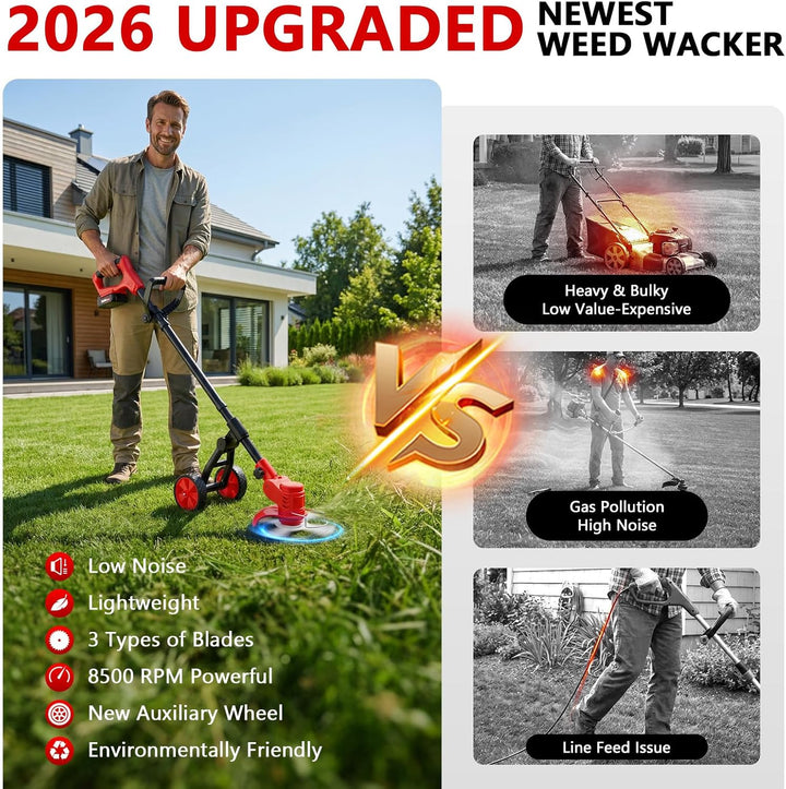 Rasentrimmer mit Akku 21V,4 in 1 Rasenkantenschneider mit 2 × 2,0 Ah Batterie und Ladegerät,90°Drehk