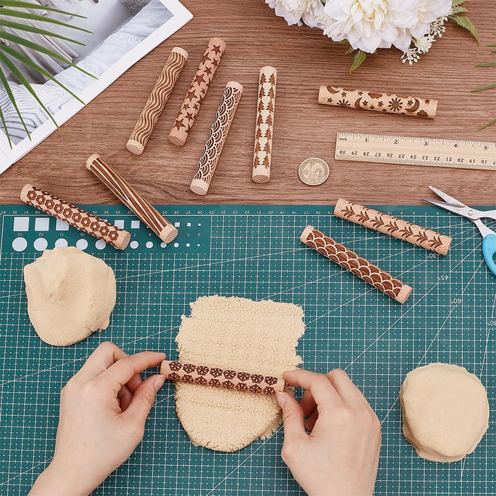 UNICRAFTALE 10 Stück 10 Stile Holz Ton Textur Rollen Set Für Töpferkeramik Töpferstempel Rollen Werk