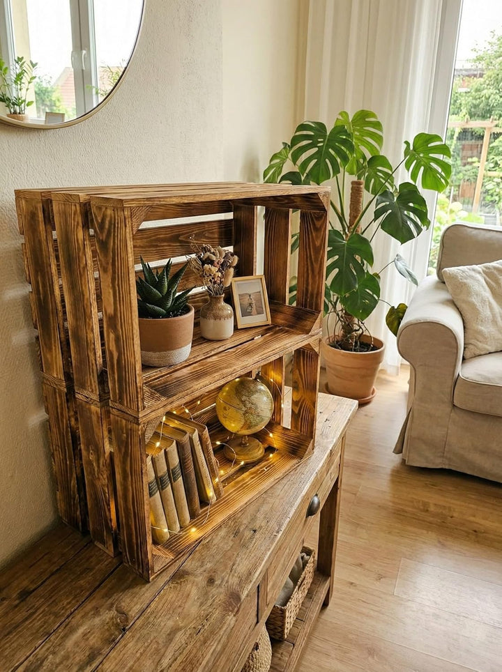 Teramico Vintage Holzkisten 40 x 30 x 25cm geflammt | Weinkisten &amp; Obstkisten | Set-Angebote (3er Se