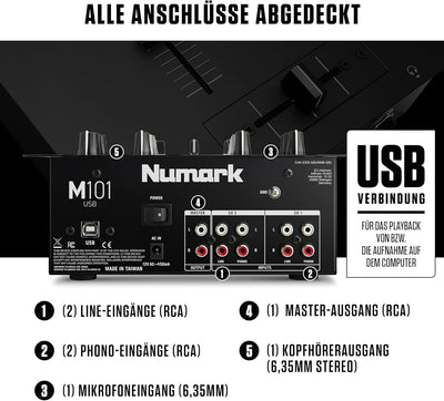 Numark M101USB - 2-Kanal DJ-Mixer, Rack-montierbar mit 2-Band EQ, integriertem Audio Interface, Mikr