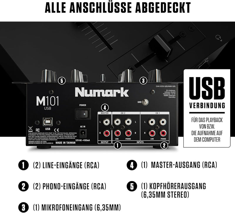 Numark M101USB - 2-Kanal DJ-Mixer, Rack-montierbar mit 2-Band EQ, integriertem Audio Interface, Mikr
