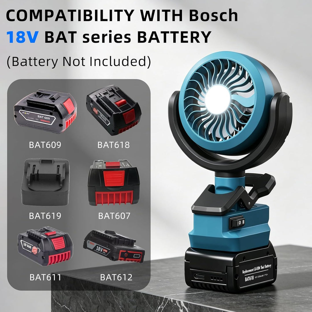 Tragbarer Clip-on-Ventilator für Bosch BAT618 18V Akkus (ohne Batterie) mit LED Leuchten für Baustel
