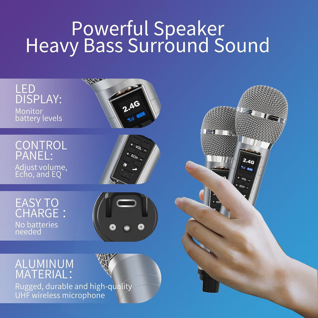 Tragbarer Karaoke Maschine,Karaoke mit 30W Bluetooth Lautsprecher,2 Kabellosen Karaoke-MikrofonWiede