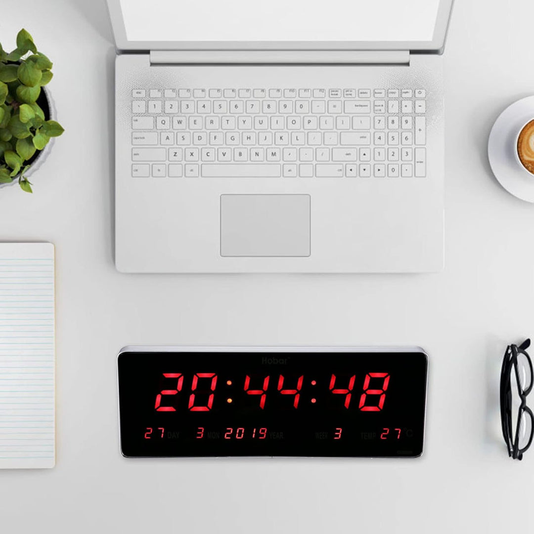 LED Digitaluhr, Aluminiumlegierung Rahmen Netzbetriebene Kalender Uhr Temperatur Wanduhren Grosse Ro