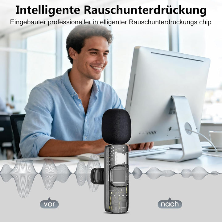 Wireless Lavalier Mikrofon für iPhone/Handy/Kamera/Computer - 4 in 1 Ansteckmikrofon Kabellos mit Po