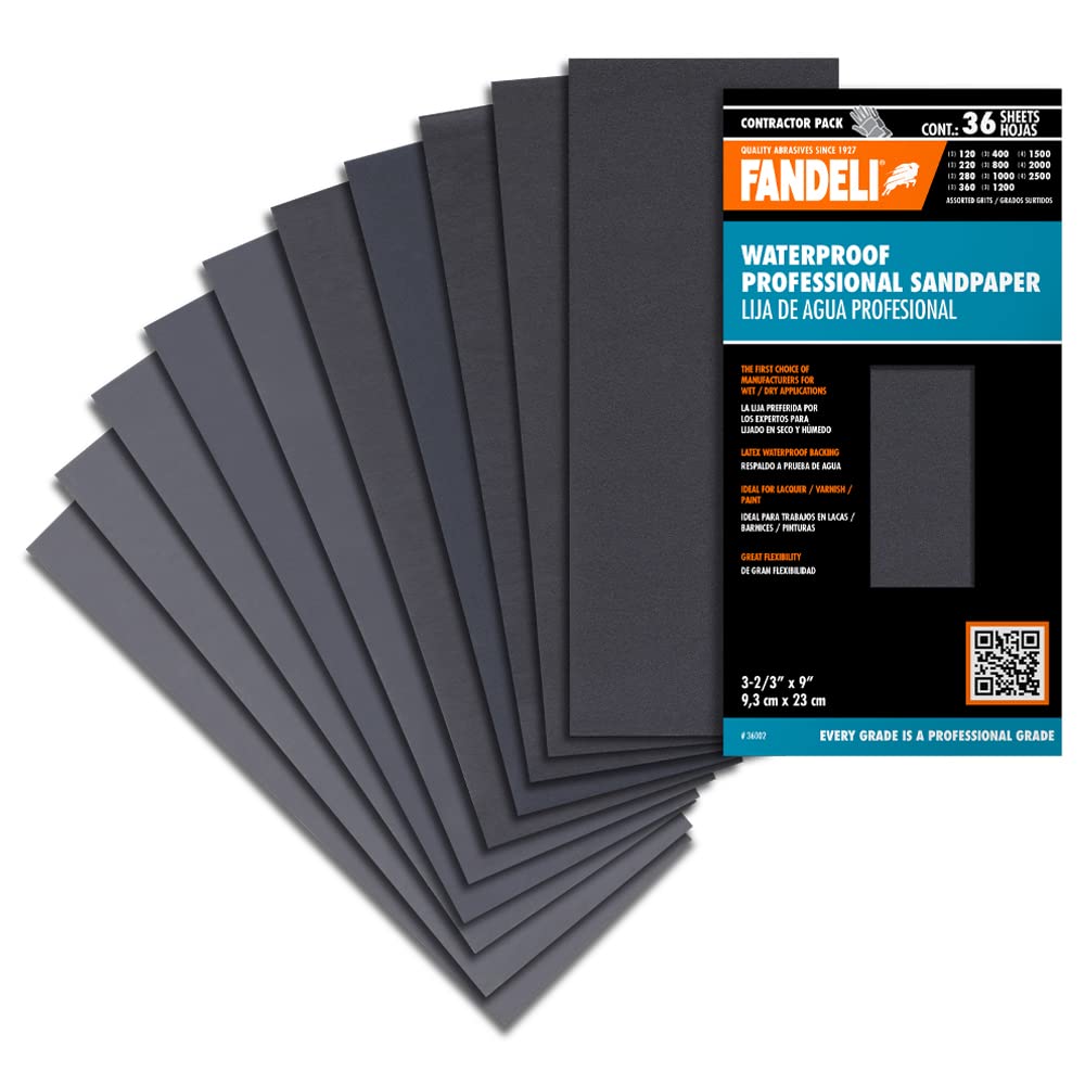 Fandeli | Wasserfestes Schleifpapier | Körnung von 120 bis 2500 | 36 Blatt 23 x 9,3 cm | Für Autopol
