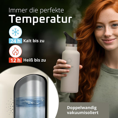 Trinkflasche Edelstahl mit Strohhalm, Infuser + 3 Deckel: BPA-frei, Auslaufsicher, Kohlensäure geeig