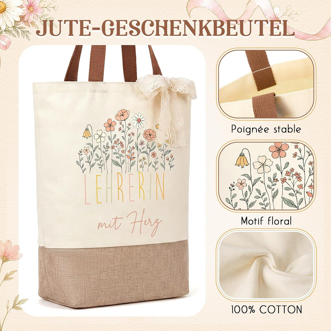 Hestya Danke Geschenkset für Lehrerin LEHRERIN mit Herz Tragetasche Klarglas Schlüsselanhänger Augen