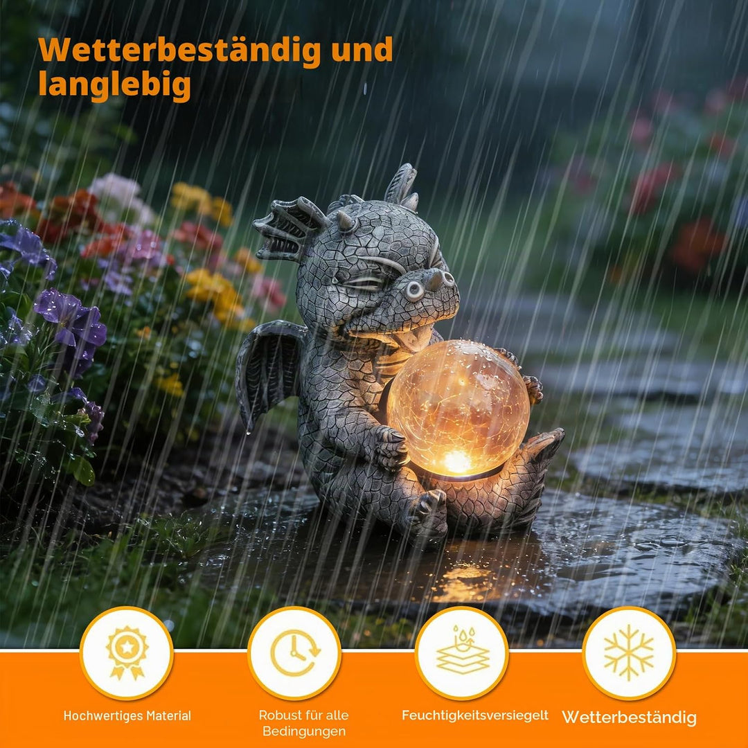 PORFOYO Drachen Figuren Gartendeko Für Draussen, Gartendrachen Figuren Deko Rundes Licht, Garten Dek
