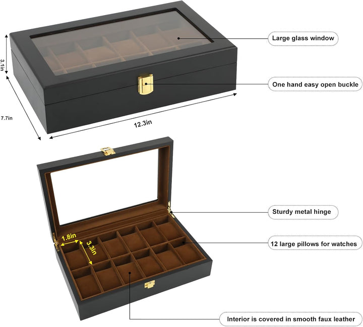 R.SHENGTE Uhrenbox,12 Slots Holzuhr Organizer Box mit Glasdeckel,Schmuck Aufbewahrungsbox für Männer