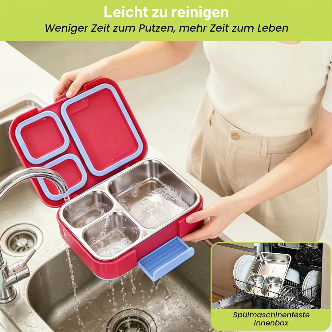 Brotdose Edelstahl-Lunchbox 1100ml 3 Fächern Rosenrot | Für Kinder und Erwachsene, Auslaufsicher, Mi