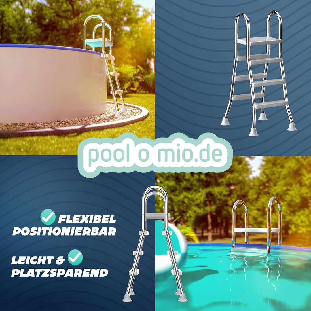 poolomio® Poolleiter Edelstahl mit Handlauf bis 120 cm | Einstiegsleiter mit 3 Stufen für Aufstellpo