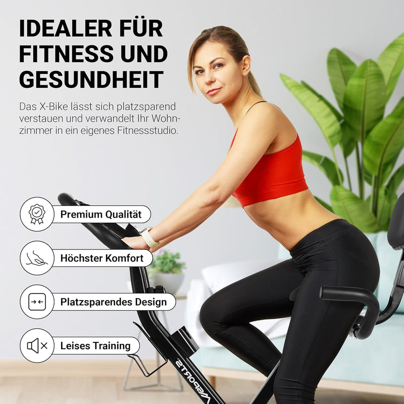 Fitness X-Bike Premium + Widerstandsbänder | Fahrradtrainer, Heimtrainer klappbar mit Rückenlehne, L