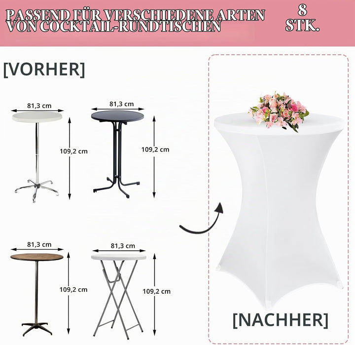 8 Stück Weiss Stehtisch Hussen Stehtische, Stehtischhusse für Ø 80-85 cm Stehtische und Bistrotische