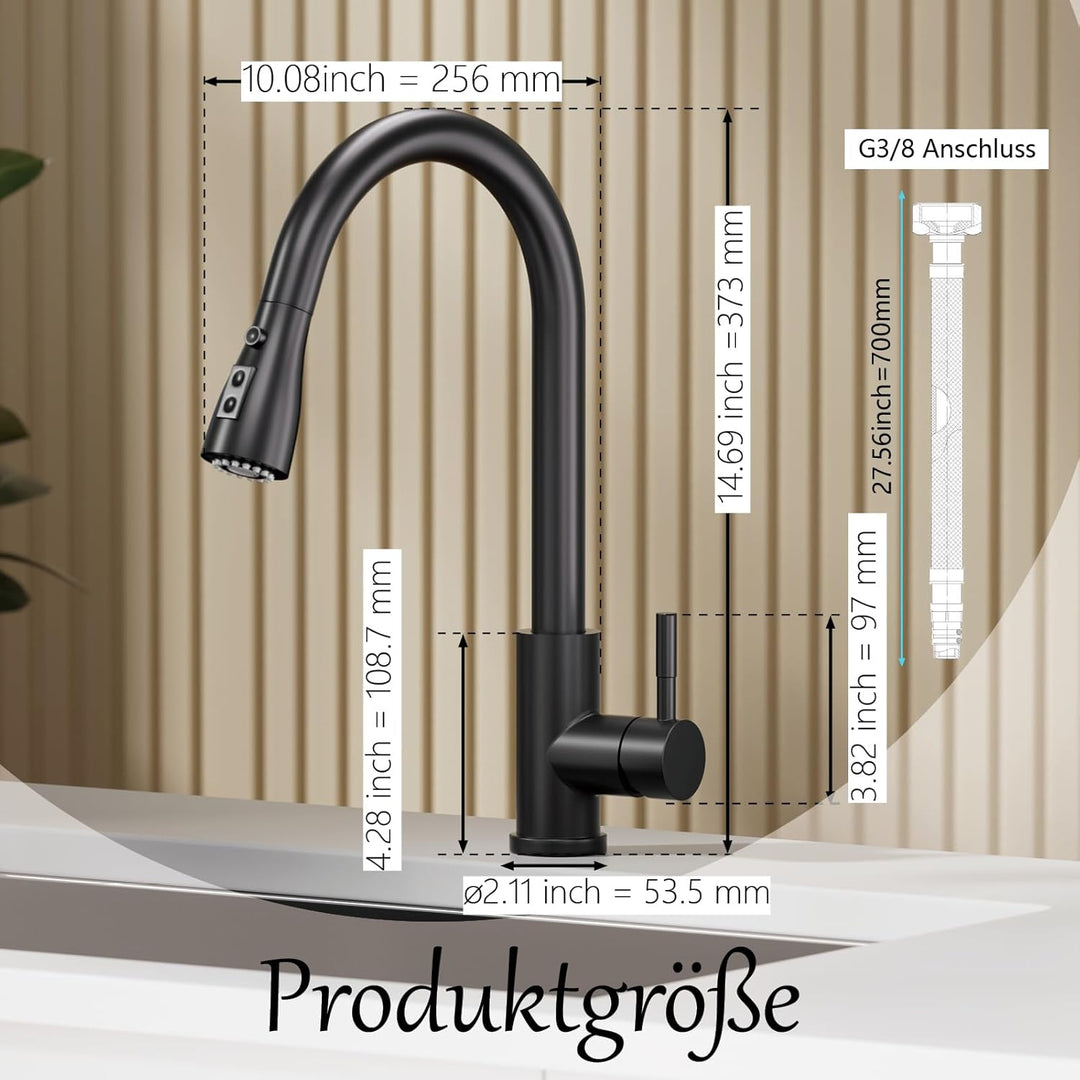 Wasserhahn Küche Schwarz, SEMANEY Hochdruck Küchenarmatur Ausziehbar, 3 Funktionen Einhebel Spültisc