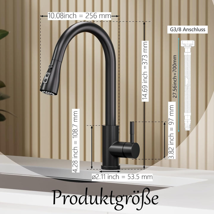 Wasserhahn Küche Schwarz, SEMANEY Hochdruck Küchenarmatur Ausziehbar, 3 Funktionen Einhebel Spültisc