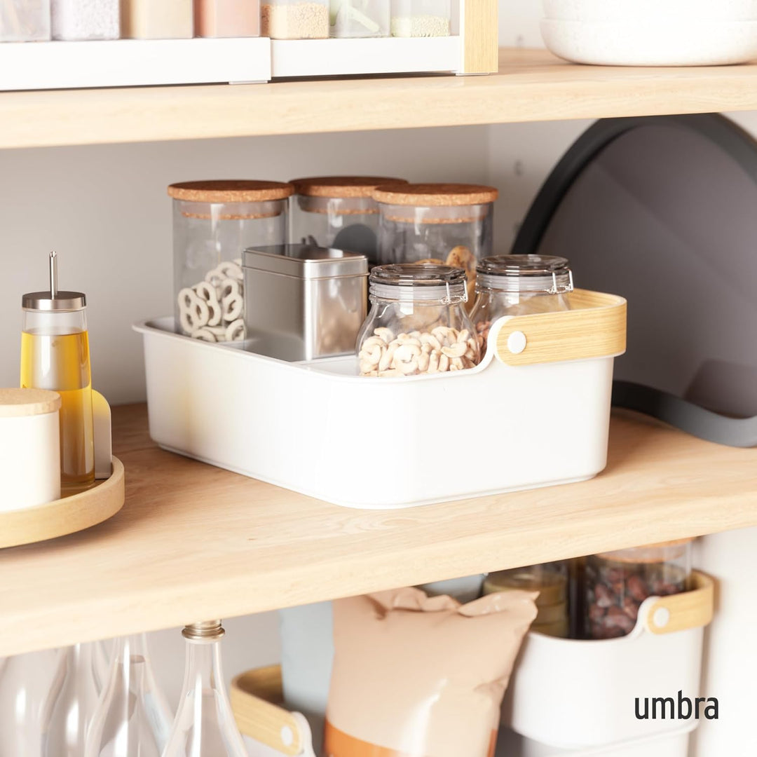Umbra Bellwood Bin stapelbarer Behälter, Organizer mit entnehmbaren Trennwänden, Weiss/Natur, 36x26x