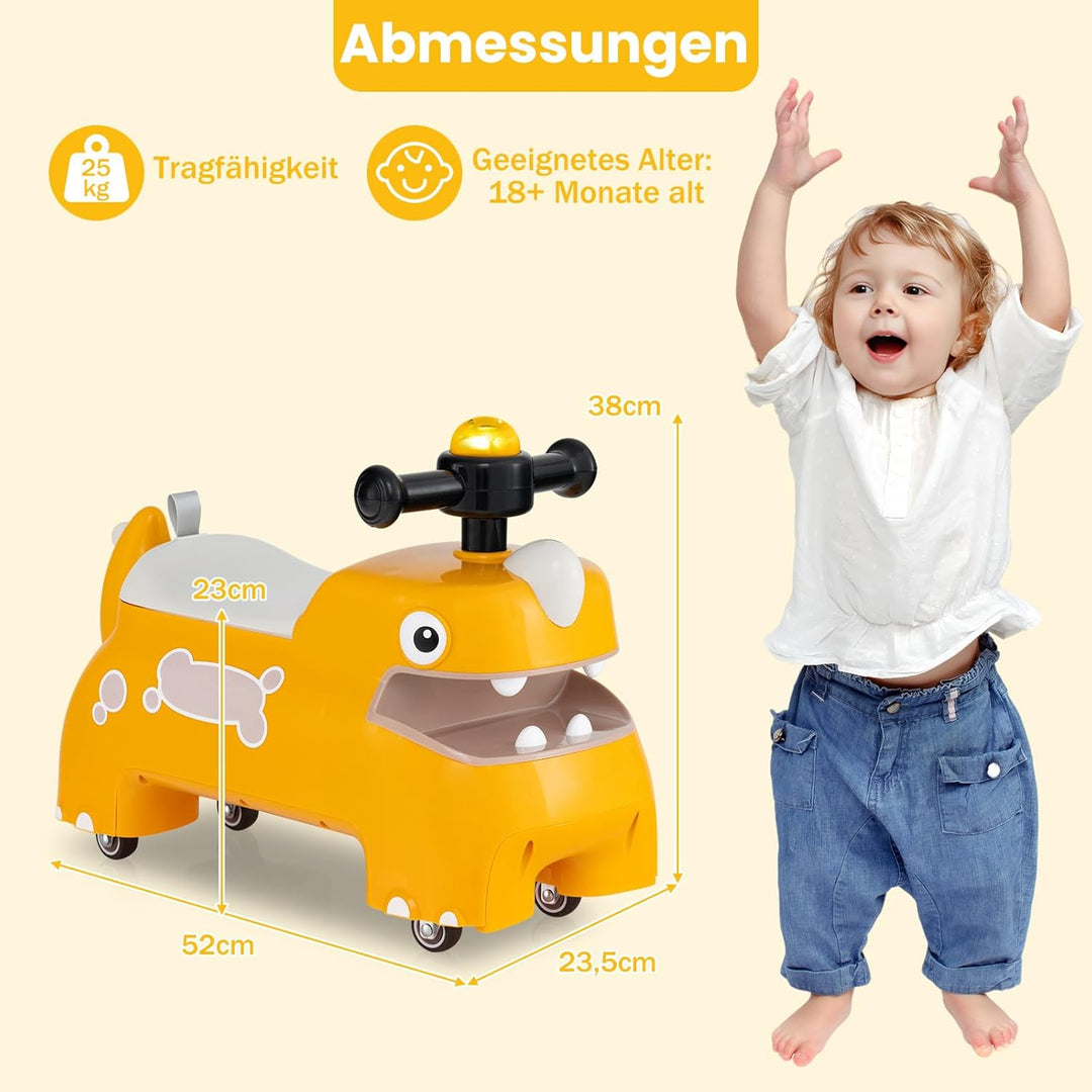 DREAMADE Rutschauto, Dinosaurier Rutschfahrzeug mit Hupe, Musik, Lichtern, Stauraum unter dem Sitz &