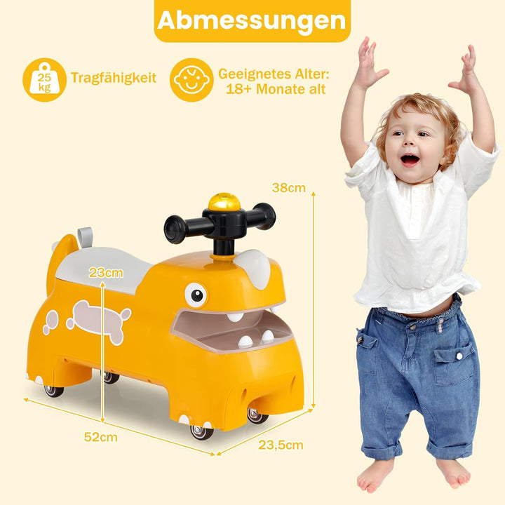 DREAMADE Rutschauto, Dinosaurier Rutschfahrzeug mit Hupe, Musik, Lichtern, Stauraum unter dem Sitz &