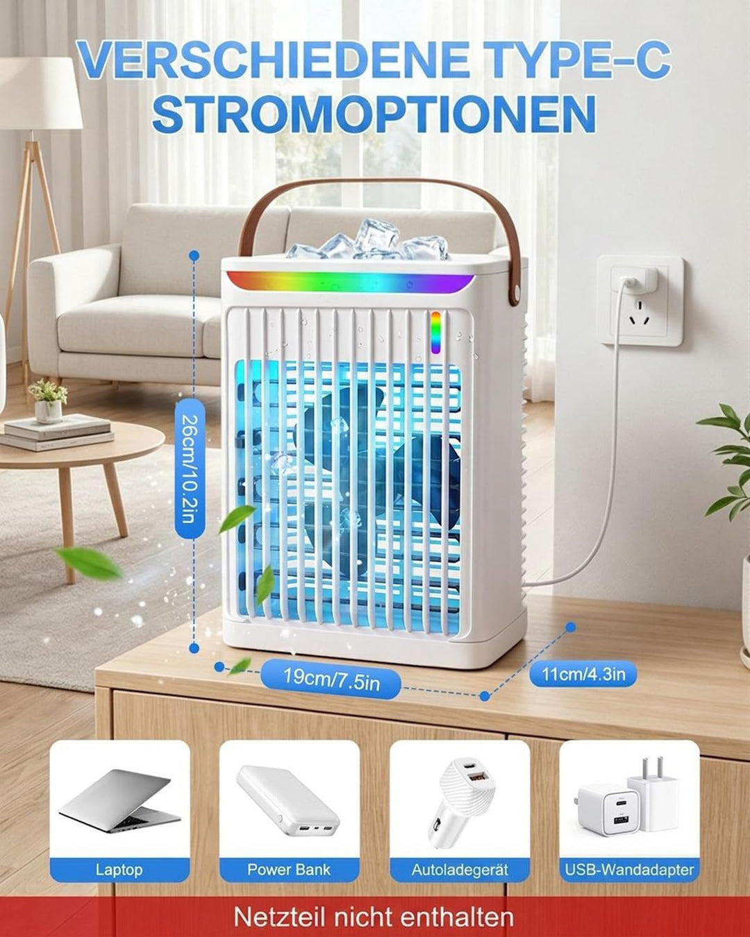 Luftkühler mit Verdunstungskühlung, Mini Klimaanlage, 4-In-1 700ml Mini Air Conditioner Mit 2-/4-/6-