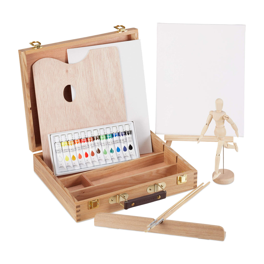 Relaxdays Malkoffer, 22-tlg. Malset Holz, mit Gliederpuppe, Malpalette, Pinsel, Staffelei, Leinwand