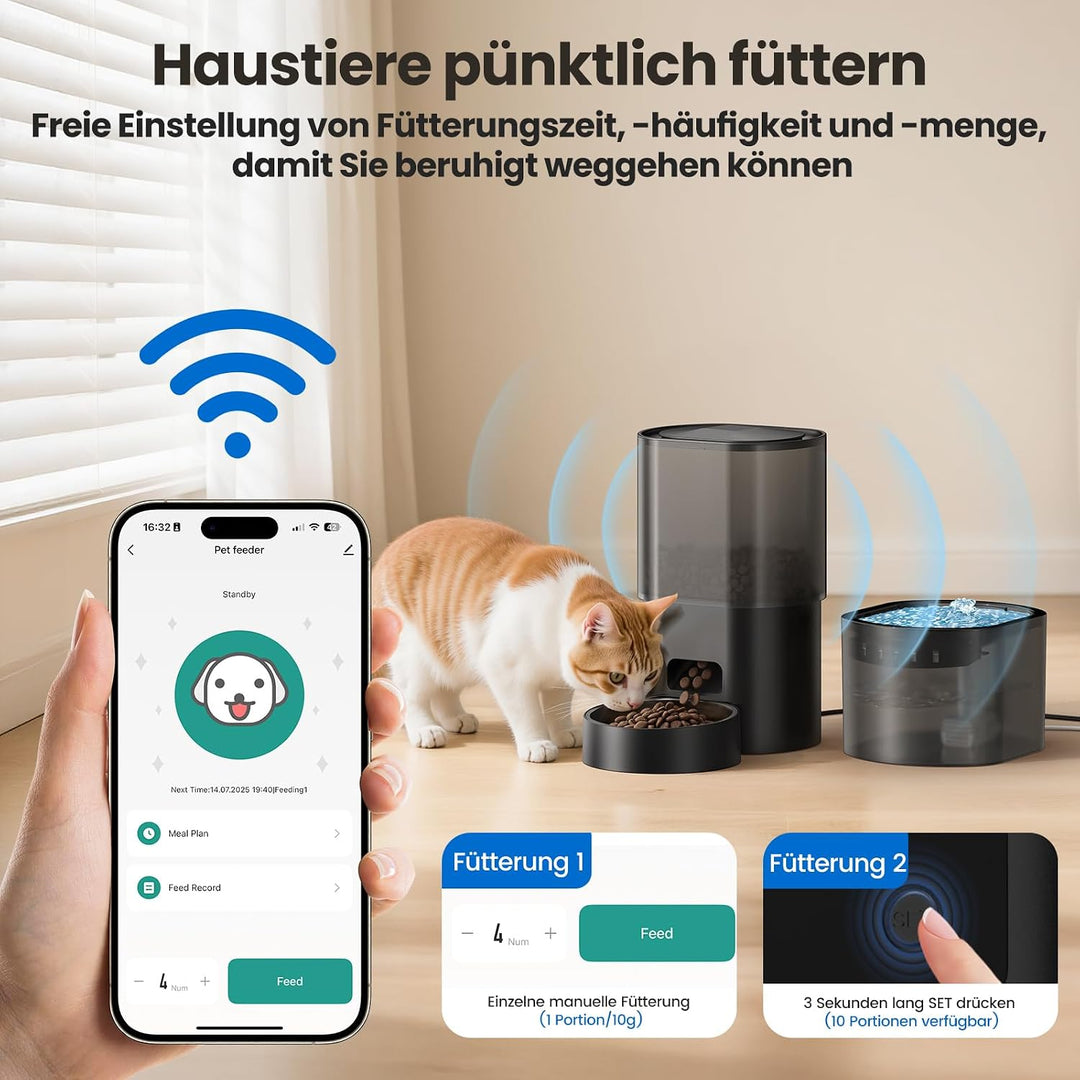 3L Automatischer Katzenfutterspender 2,5L Katzenbrunnen-Set, geräuscharmes App-gesteuertes Fernfütte