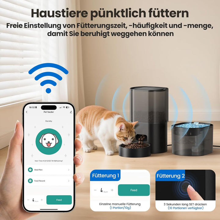 3L Automatischer Katzenfutterspender 2,5L Katzenbrunnen-Set, geräuscharmes App-gesteuertes Fernfütte