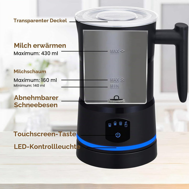 Milchaufschäumer Elektrisch 4 in 1,430ml Grosses Automatischer Milchschäumer,Geräuschloser,Abschaltu