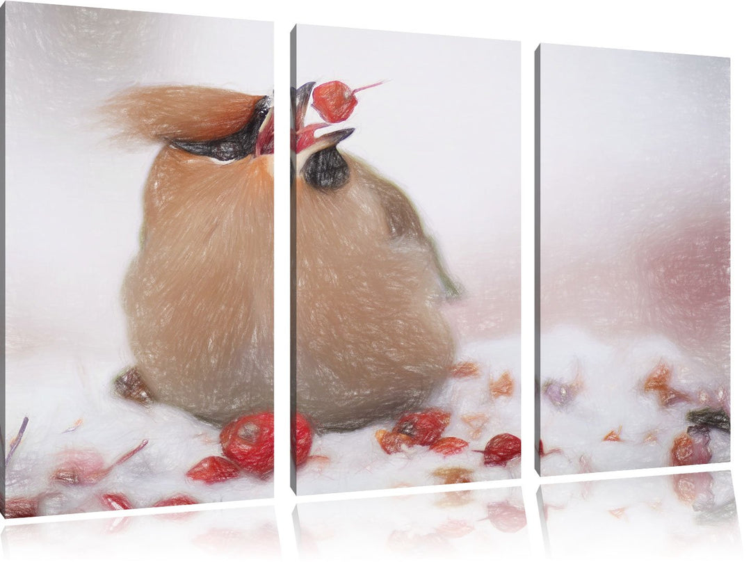 Pixxprint Kleiner Vogel im Schnee Bunstift Effekt 3-Teiler Leinwandbild 120x80 Bild auf Leinwand
