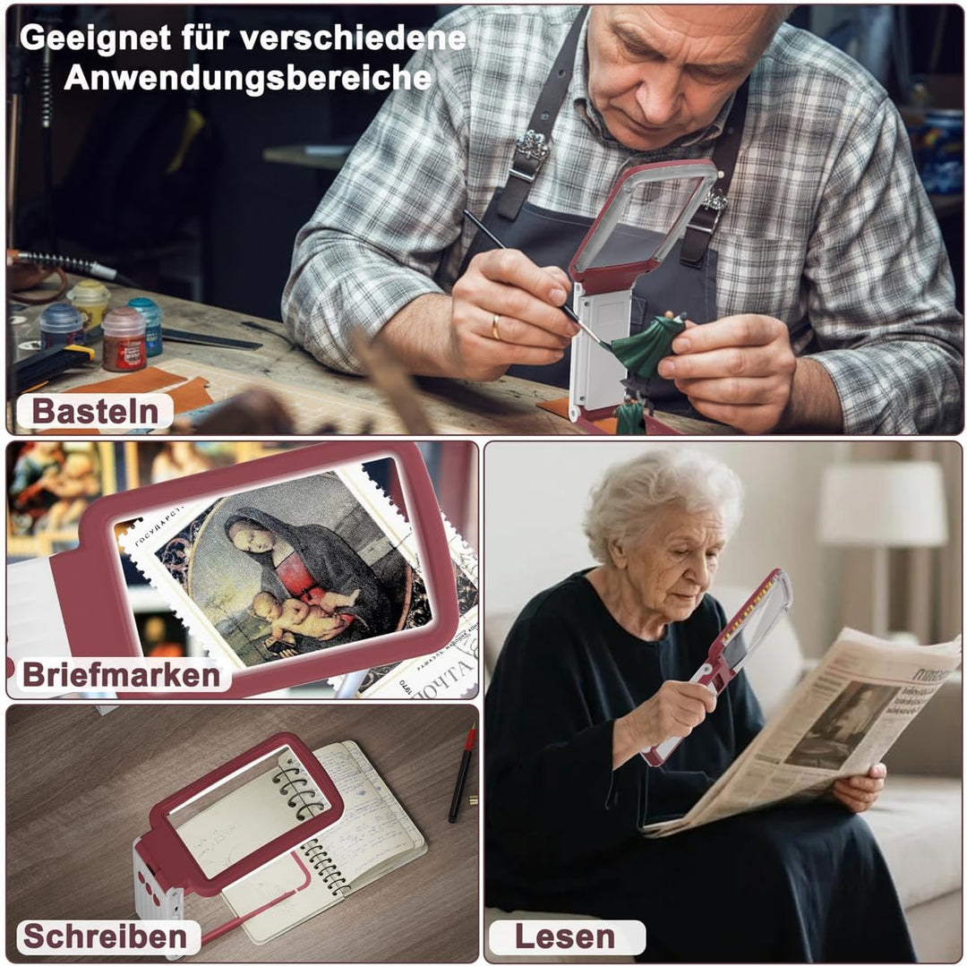 10X Lupe mit Licht und Ständer, Echtglaslinse Leselupe, Wiederaufladbare, Faltbare Grosse Handlupe,