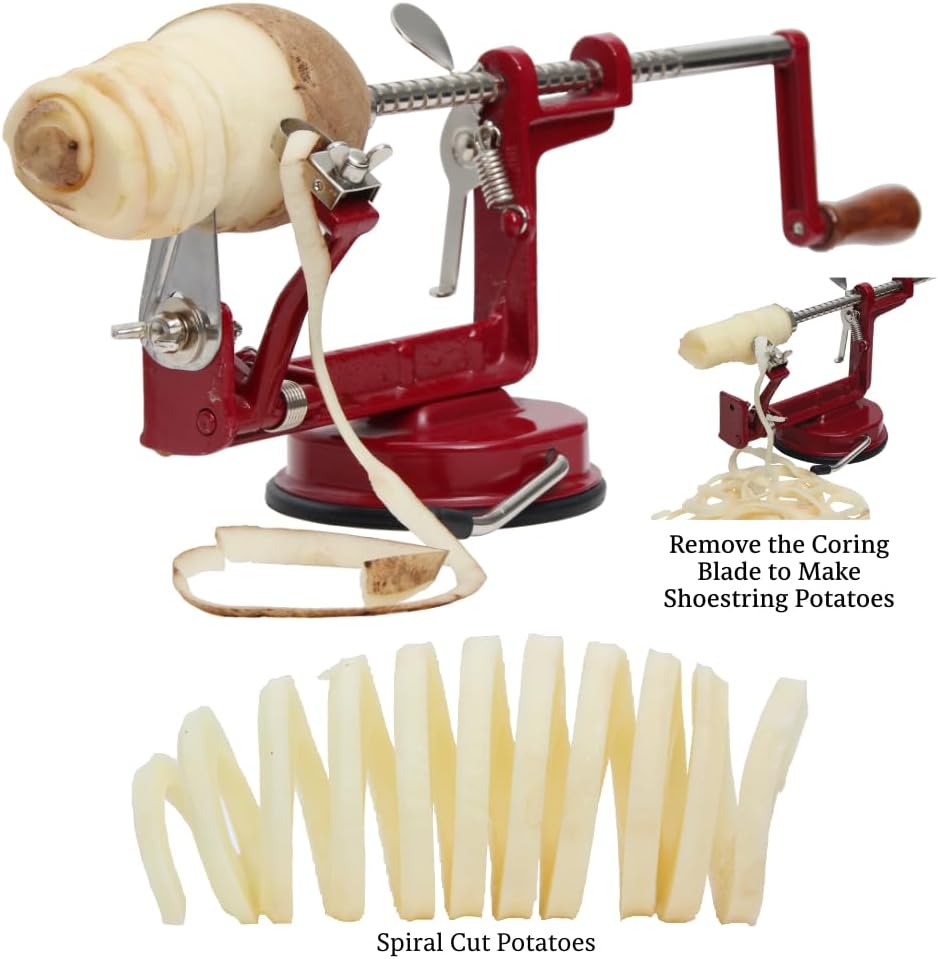 Johnny Apple Peeler VKP Brands Apfelschäler, Gusseisen, rot, Stainless Steel Blades Saugfuss, Saugfu