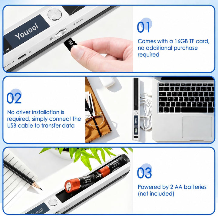 Handscanner Dokumentenscanner, A4 900 DPI Hohe Auflösung Farbfoto Portable Scanner, JPG/PDF Format U