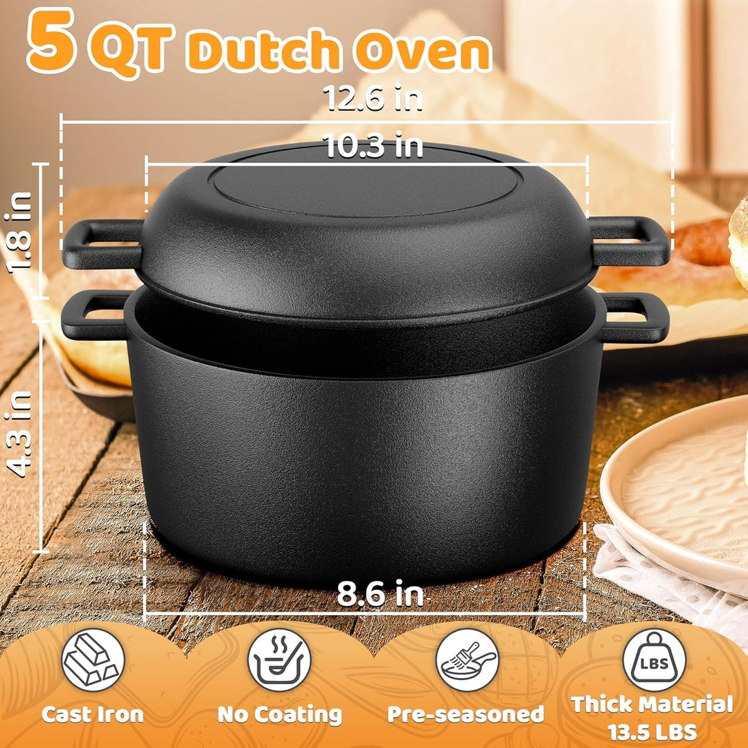 W&H Gusseisen Topf Brot Backen, 26cm Brotbackform mit Deckel Inkl Gärkorb und Teigschaber,5L Vorgewü